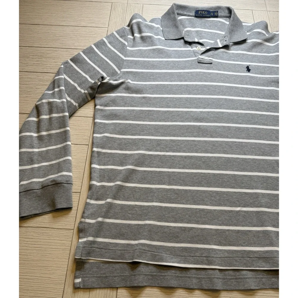 Polo by Ralph Lauren Mens Long Sleeve Gray‎ White Stripe Polo Shirt Navy Logo XL
